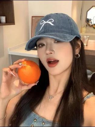 Retro washed old bow embroidered baseball hat for women in spring summer large brim plain faced duckbill cap Men