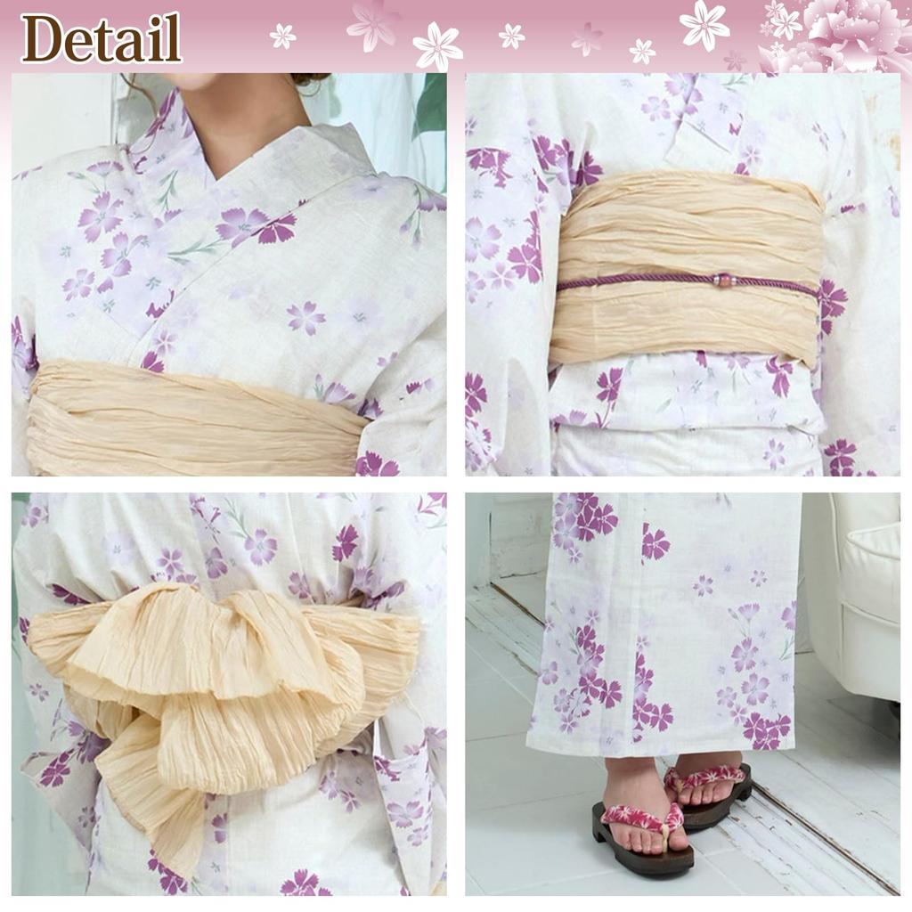 RAVIR Yukata Lovely Wisteria and Pink Fluffy Obi Belt and One Size Fits All Women's 3-Piece Set, Designs, Sandals, Cream,