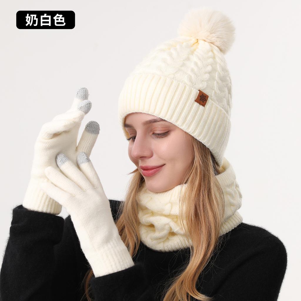 Winter Knitted Hat, Gloves, Hat, Scarf Three-piece Set, Winter Women's Outdoor Riding Double-layer Knitted Scarf