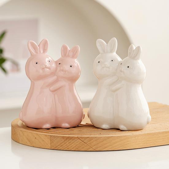 Yousheng Easter Hugging Rabbit Ceramics Figurine Miniature Pink White Couple Bunny Statue Home Office Desktop Decoration Ornament