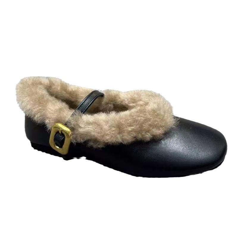 Flat-soled Single Shoes with Fleece To Keep Warm Mary Jane Shoes for Women's 2025 Winter Models, Square Head One-word Buckle with Thickened F