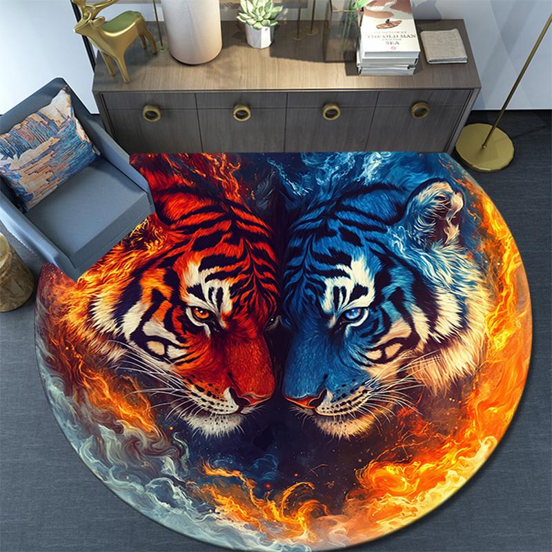 Yin Yang Tigers Round Area Rug,Carpet Rug for Living Room Bedroom Sofa Playroom Decor,Non-slip Floor Mat