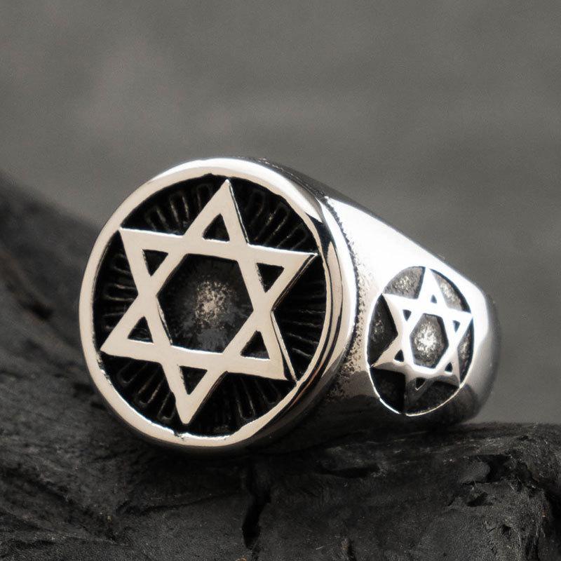 Yin Taifei Retro Six-Pointed Star Hip Hop Men s Open Ring in Thai Silver Adjustable Open Size