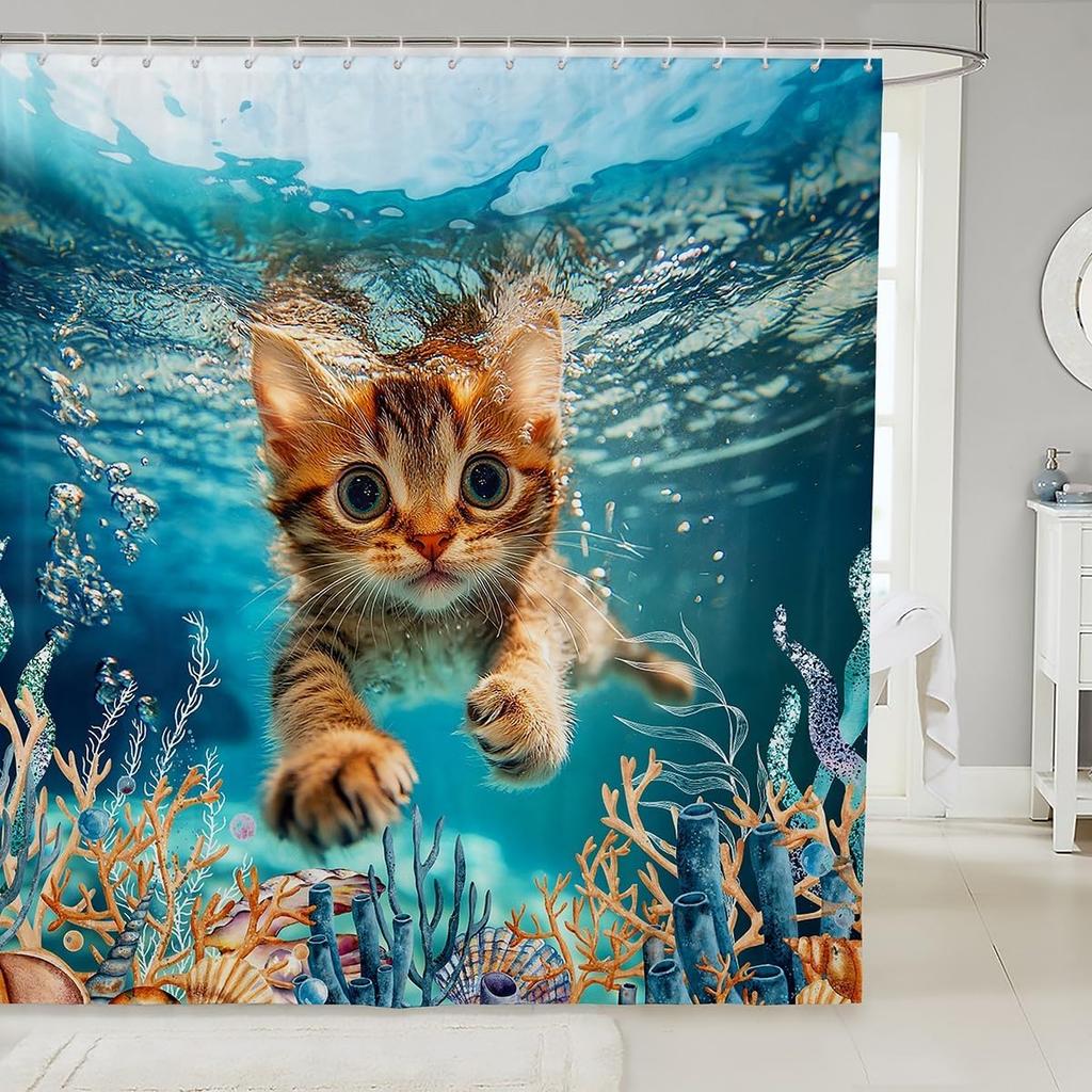 Funny Swimming Dog Fabric Shower Curtain Cute Pet Shower Curtain for Kids Ocean Theme Bathroom Waterproof Accessories with