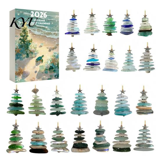 Beach Style Holiday Decor 2026 Sea Glass Christmas Countdown Calendar Blind Box, 24Pcs Coastal Theme Ornaments Acrylic Tree Hanging Ornaments,