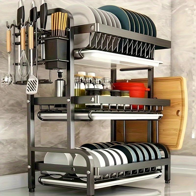 Dish Rack, Three-Tier Space-Saving Kitchen Countertop Utensil Holder, Large Capacity Dish Drainer, Suitable for Tableware