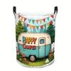 1pc Happy Camper Pattern Round Laundry Basket | Foldable Hamper, Compact Storage Bin for Clothes, Bathroom & Bedroom, Rustic Home Organizer for Closet