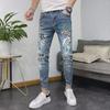 Men's Slim Fit Blue Printed Jeans - 2023 Summer Trend, Korean Style