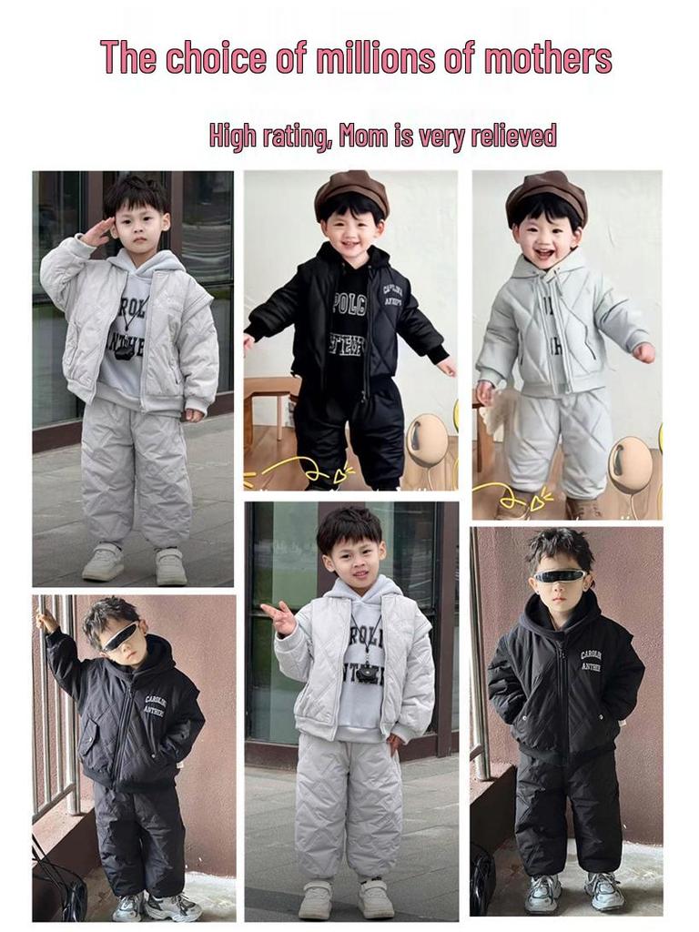 Children's Fleece-Lined Hoodie Set: Padded Vest, Cotton Pants, Baby Outerwear for Autumn & Winter