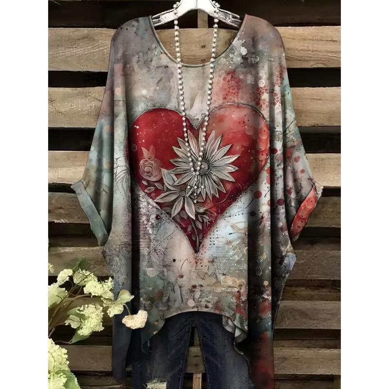 

Elegant Bohemian Chic Oversized Simple Retro Love Print Print Women s T-Shirt Asymmetrical Hem O-Neck Versatile Women s Clothing 5XL