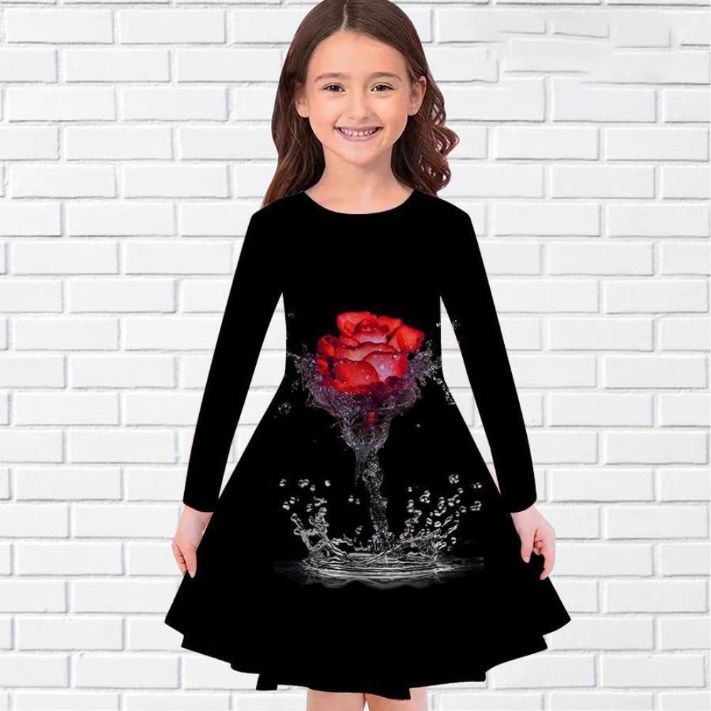 Girls' 3D Rose Ink Splash Dress Long Sleeve Summer Spring Vacation Daily Holiday Princess Beautiful Sweet Kids 4-12 Years Casual Dress A Line Dress