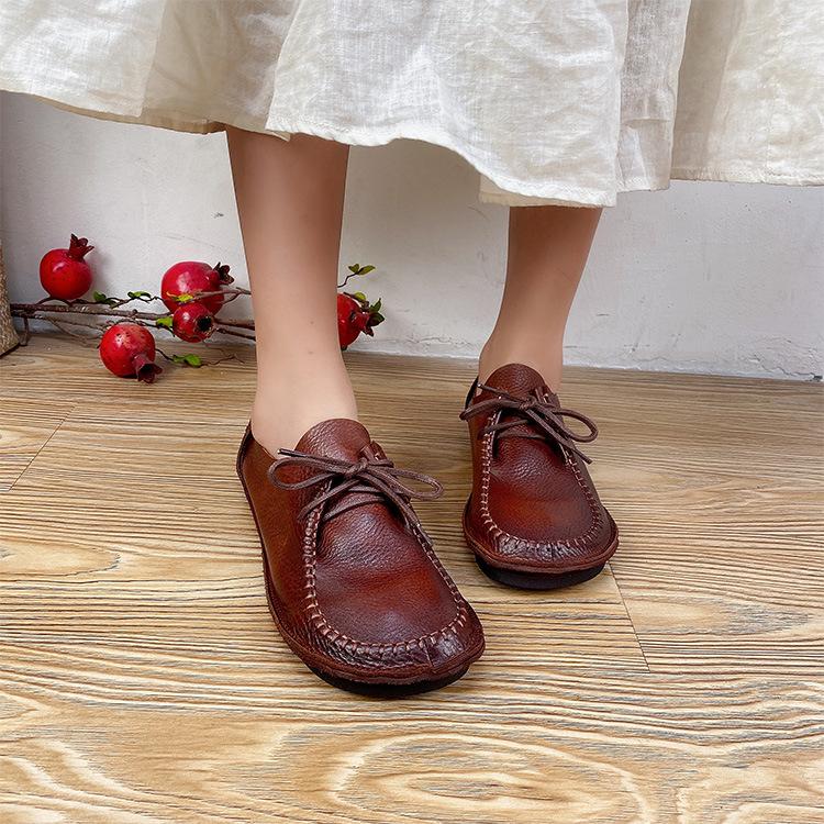 Johnature Prawdziwej skóry damskie mieszkania buty Retro ręcznie robione okrągłe Toe miękkie podeszwy sznurowane wygodne buty