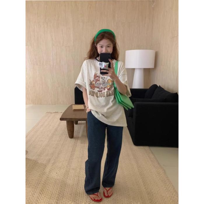 Koreansk Ärmlös Sommar Tecknad Hundtryck Kort Ärm Mellanlång T-shirt Dam Bomull 00% Bekväm Vardagstopp
