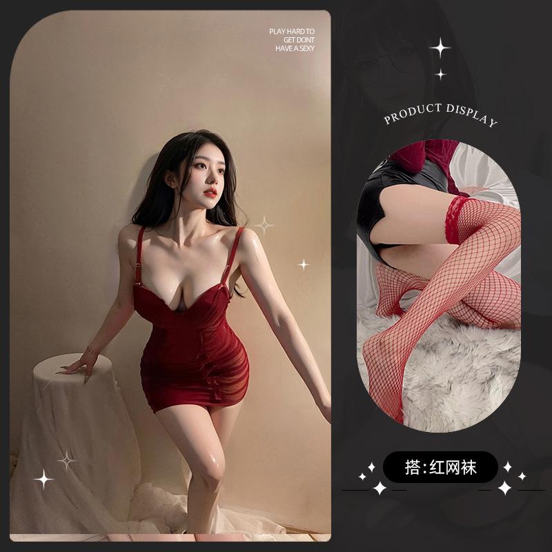 Sexy lingerie sexy deep vA wrinkled mesh perspective seduction hot suspender nightdress set