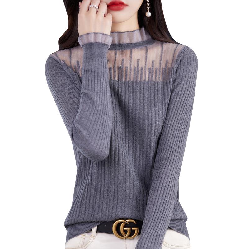 Spring and Summer Women's Short Lace Half-high Neck Lace Splicing Long Sleeve Pullover Bottoming Knitwear