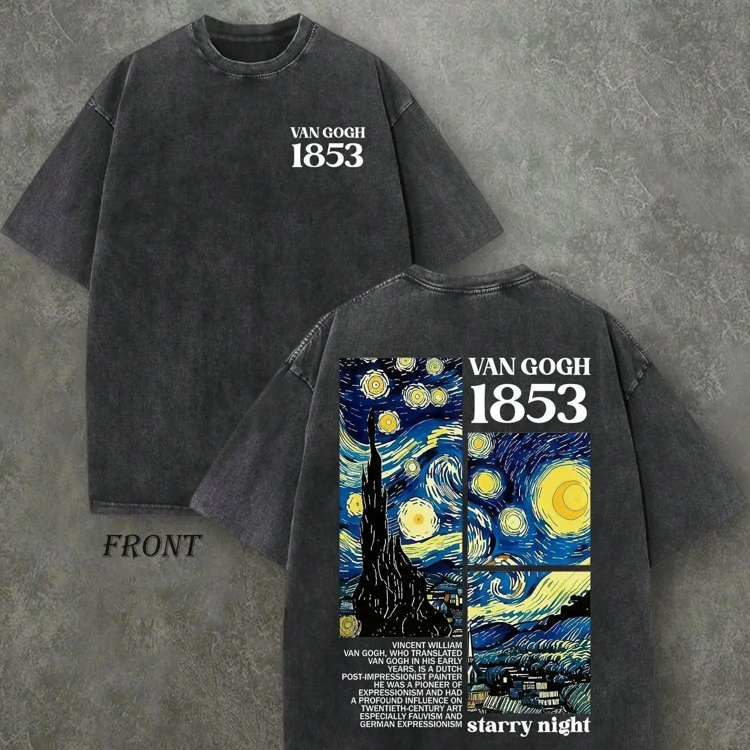 

Artistic Starry Night Printed T Shirt Unisex Retro Washed Cotton Tee Short Sleeve ONeck Graphic Top Unisex Streetwear S