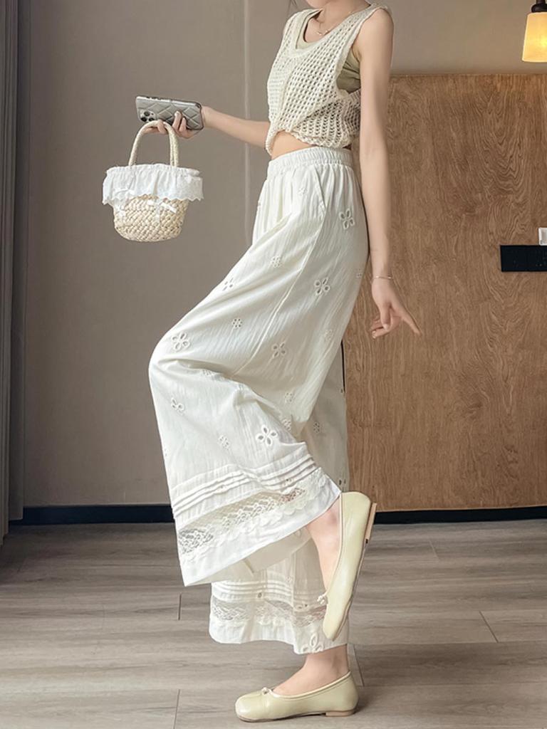 Dámské volné kalhoty se širokými nohavicemi, krajkové vsadky, vysoký pas, tenký elastický pas, rovné kalhoty, vintage styl, ležérní oblečení, léto