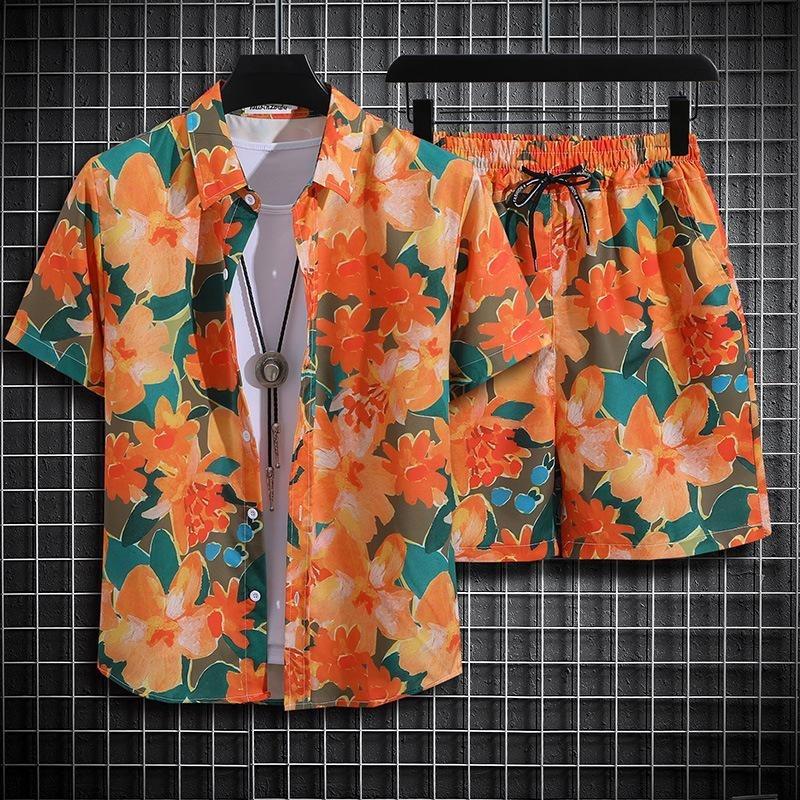 Set Camicia a Maniche Corte con Stampa Hawaiana alla Moda Uomo Abito Due Pezzi