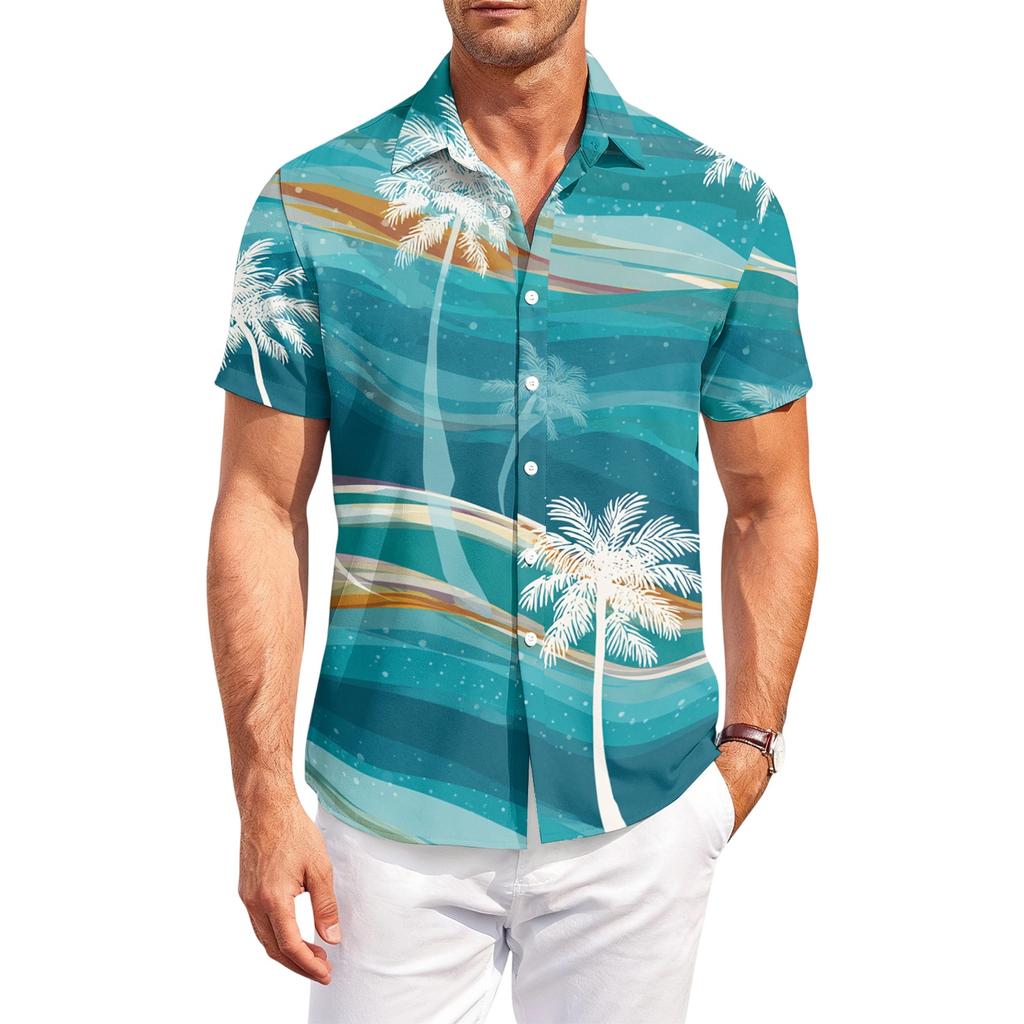 Men’s Hawaiian Print Short Sleeve Button Down Shirt Casual Outdoor Collared Summer Lightweight Relaxed Fit Top