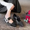2025 New French Square Head Shallow Mouth Single Shoes Rhinestone Word Belt Low Heel Mary Jane Shoes Women
