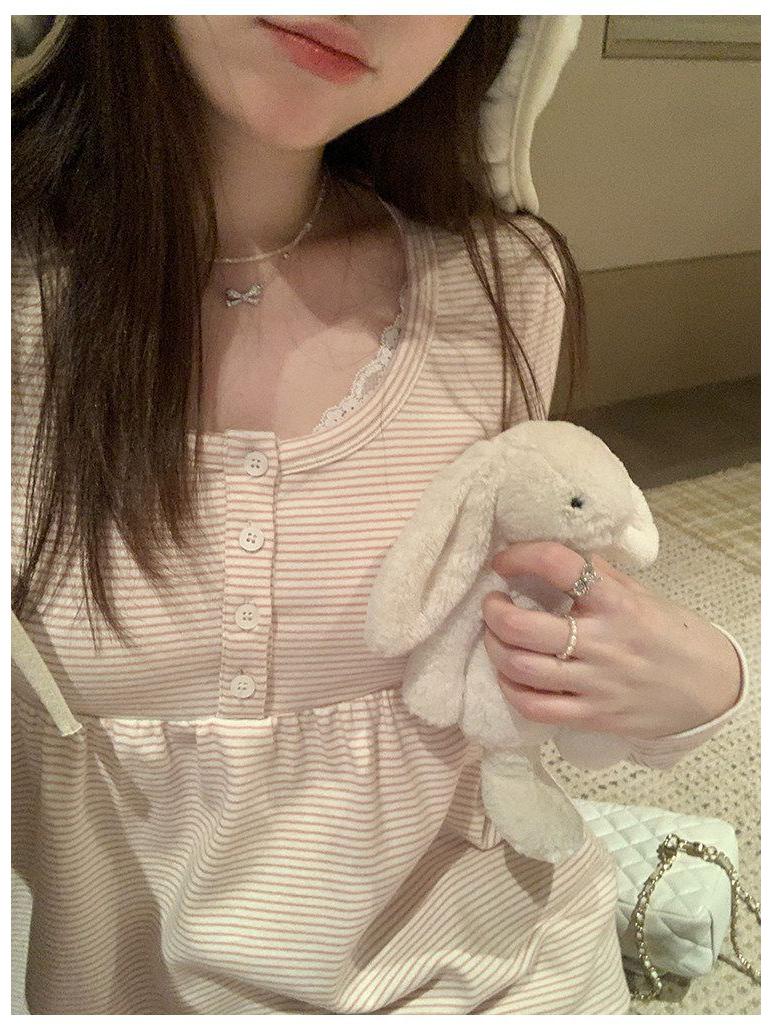 Women s Korean Style U-Neck Lace T-Shirt with Contrasting Stripes, Slimming Long Sleeves, Perfect for Spring and Autumn. S розовый