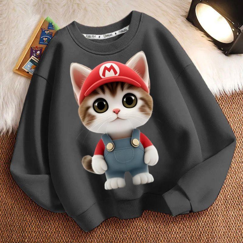 Cute Cat Round-neck Sweatshirt for Children, Long-sleeved Casual Sweatshirt for Boys and Girls in Spring and Autumn