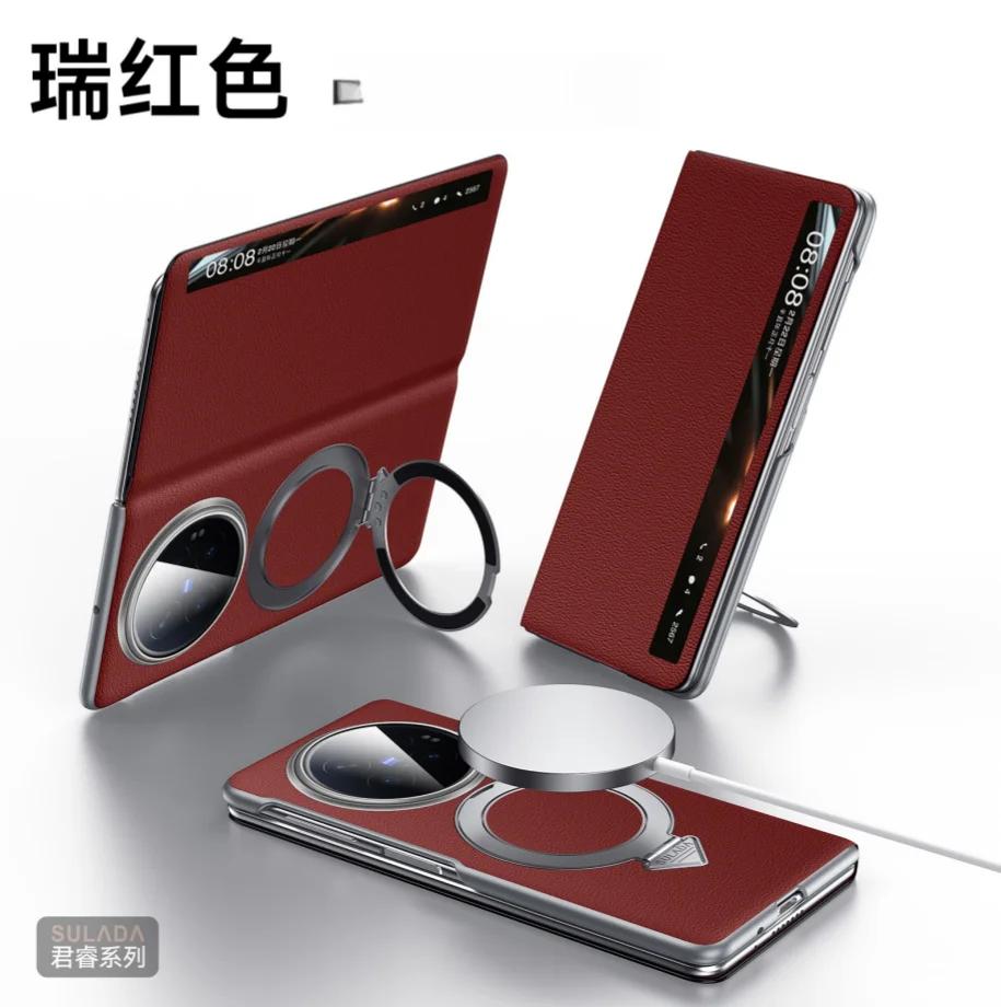 Original Luxury Genuine Leather Magnetic Case For Vivo X Fold6/Fold5/ Fold 6 5 Metal Ring Holder Bracket Window View Flip Cover