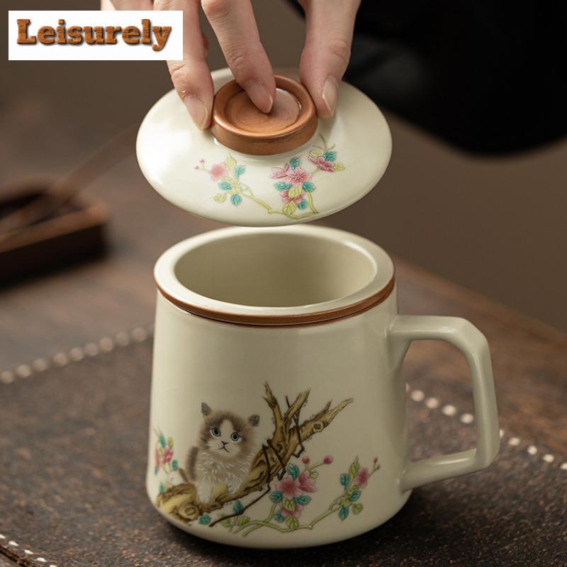 400ml Antique Ru Kiln Porcelain Filter Tea Separator Cup Cute Tree Cat Office Work Mug Personal Water Mug With Lid Handgrip Cups