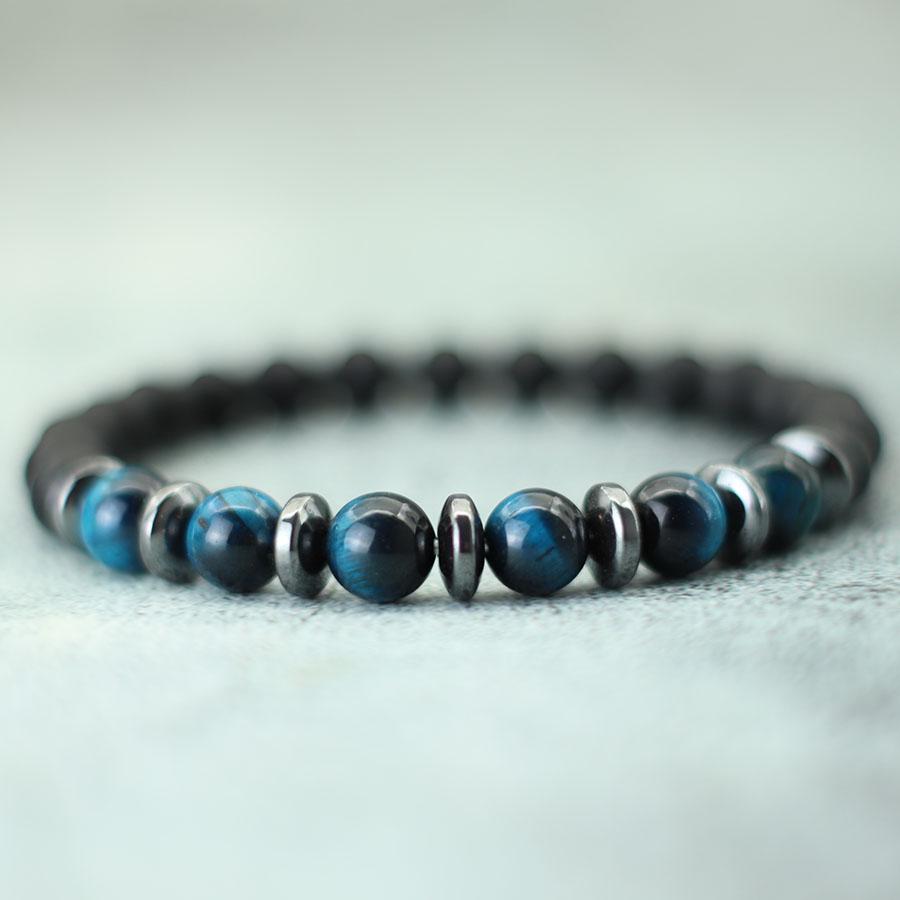 Módní korálkový náramek pro muže s černým matným kamenem, čakrovým náramkem, modrým howlitem, tygřím okem, strandovým náramkem, náramkem Pulsera Hombre Joias