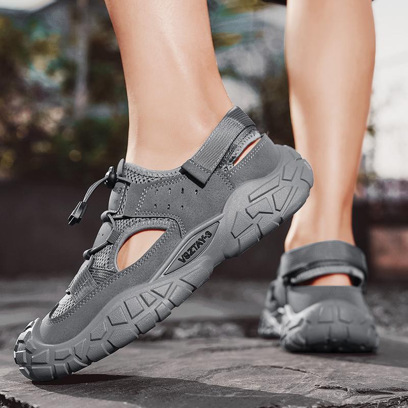 Classic Grey Hiking Sandals Men Summer Mesh Outdoor Beach Men's Sports Sandals Platform Breathable Hollow Out Walking Shoes Man