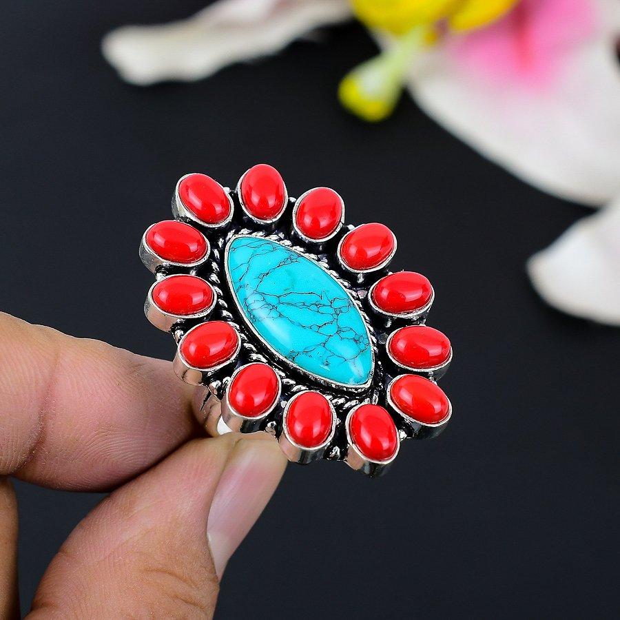 

Santa Rosa Turquoise, Coral 925 Sterling Silver Jewelry Ring Size 9 KG-137