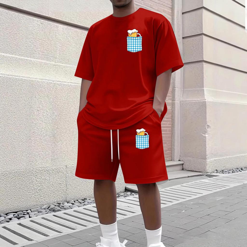Herren Casual Kurzarm T-Shirt und Shorts Set Rundhalsausschnitt Oberteil und Bund mit Kordelzug Unterteil mit Taschen detail Geeignet für den täglichen Gebrauch