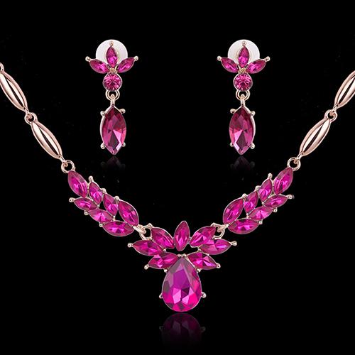 Women's Rhinestone Flower Pendant Alloy Necklace Earrings Wedding Jewelry Set