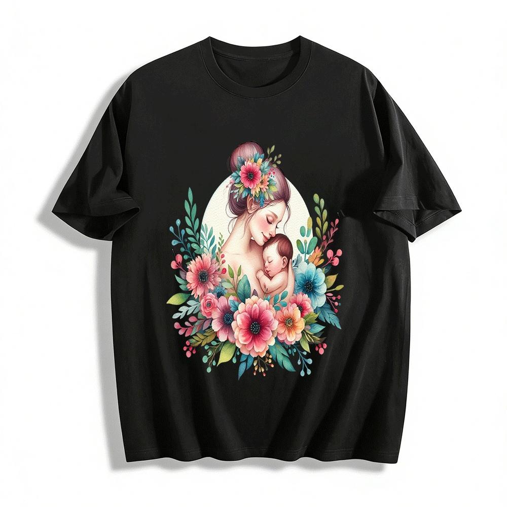 Floral Print Mom And Baby Embrace Family Matching Tops Pure cotton T-shirt XXS