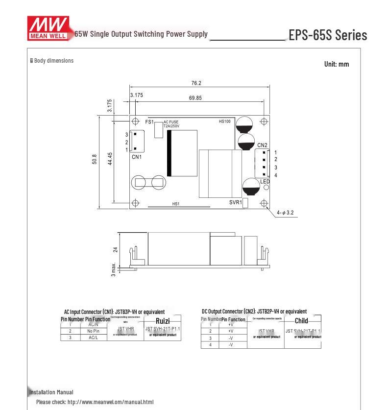Mingwei EPS-65S-24 65W 24V 2.71A PCB Switching Power Supply with 3-Year Warranty