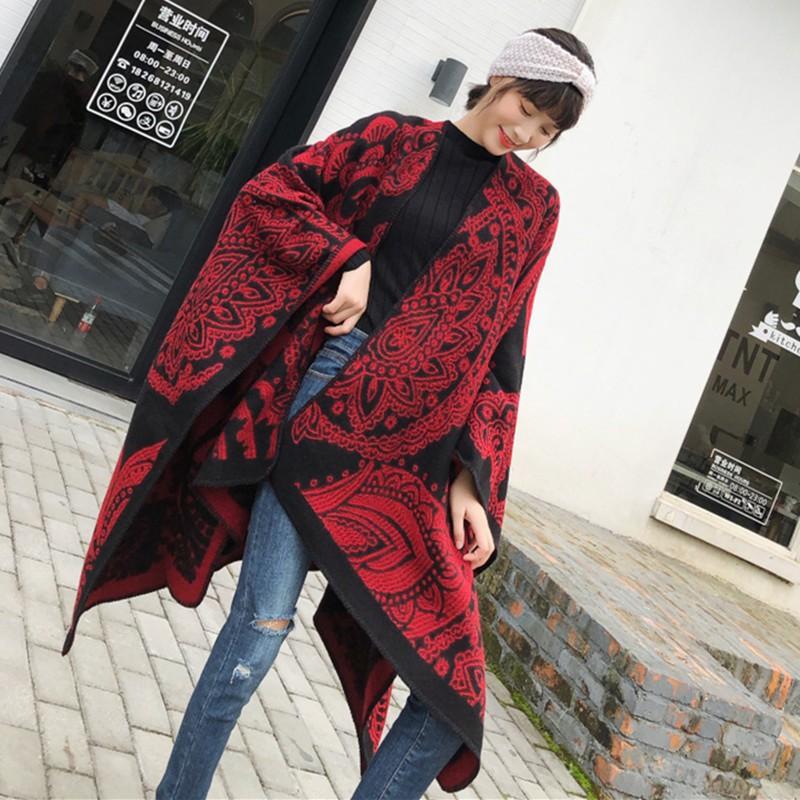 Womens Oversized Knit Shawl Wrap Scarf Ethnic Warm Fleece-Like Cape Travel Winter