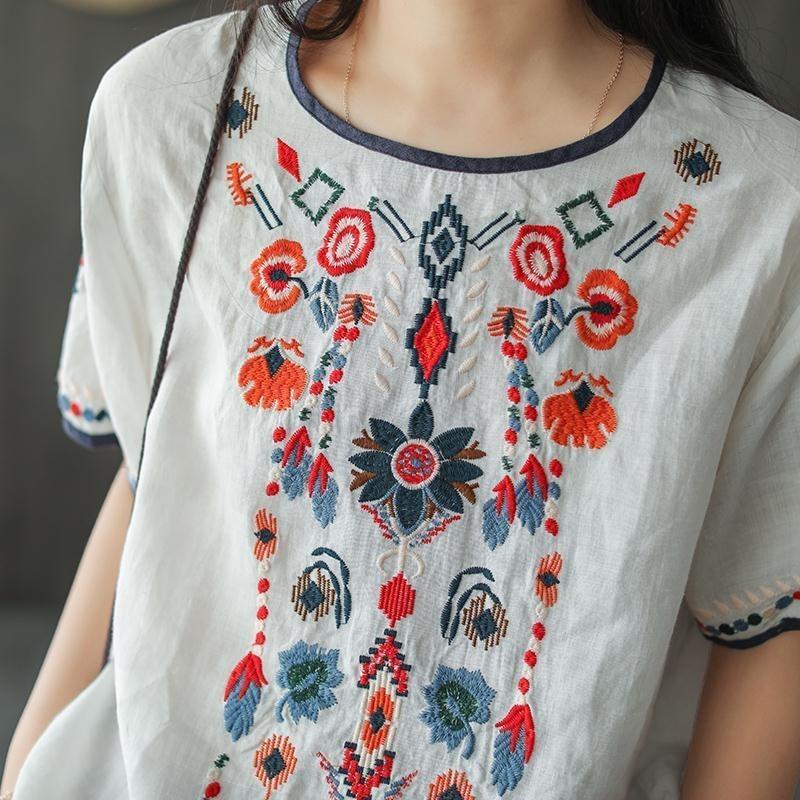 Ethnic Style Cotton and Linen Embroidered T-shirt for Women Summer Retro Loose Versatile Short-sleeved Top