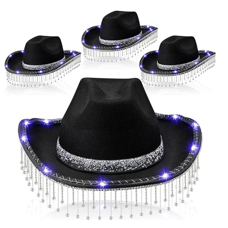 Fringed Rhinestones LED Cowgirl Caps Glittering Powder Wide Brims Cowboy Hat Teens Fashion Nightclub Party Hat Photo Hat