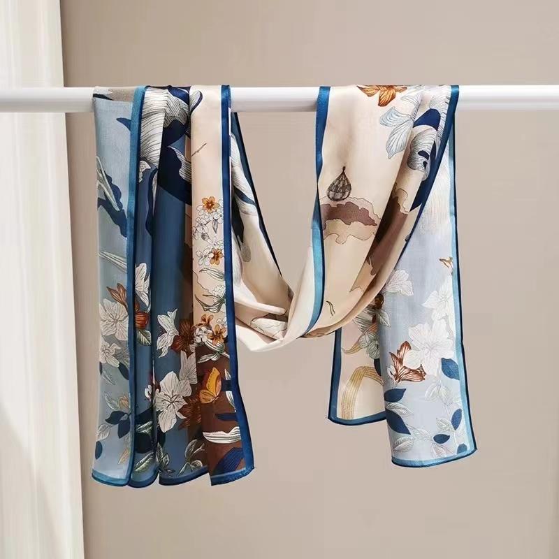 New Blue Women'S 100% Mulberry Silk Scarf Shawl 175*52Cm Fashion Floral Design Long Scarves Wraps Fall Winter Headscarves