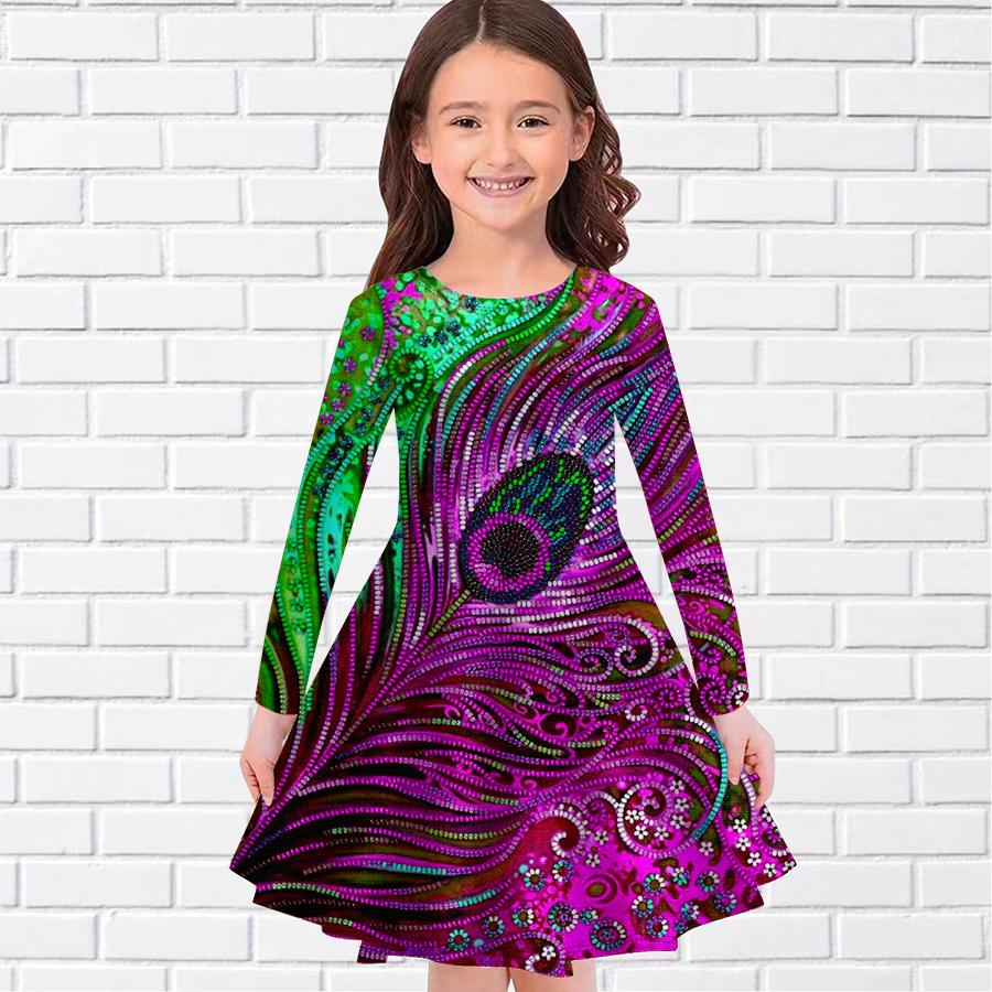 

Girl Casual Peacock Feathers Print Round Neck Long Sleeve Dress Kid Princess Dress
