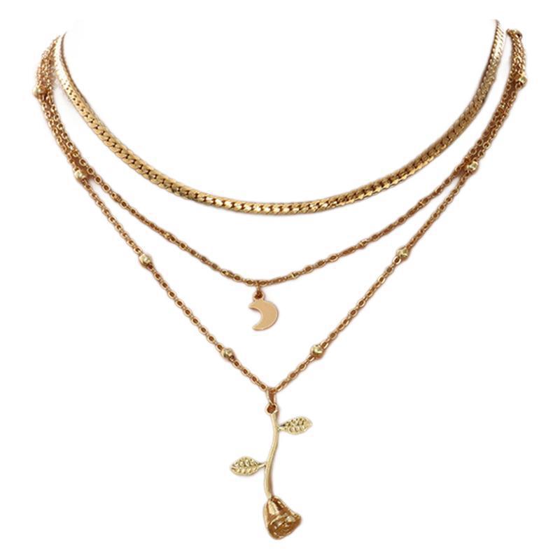 European & American Style Gold Rose 3-Layer Moon Sequin Choker Necklace