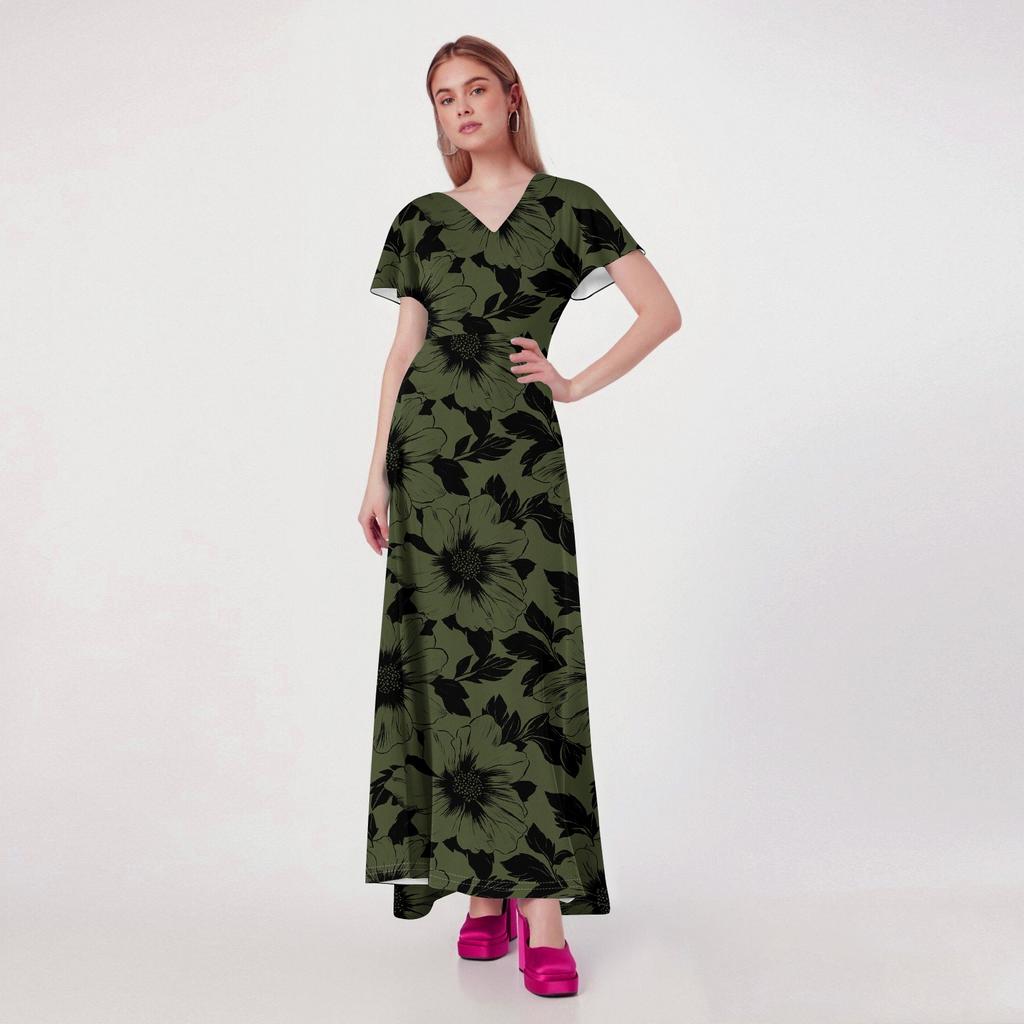 Lässiges Damenkleid mit V-Ausschnitt, kurzen Ärmeln und hoher Taille, Retro-Blumenblatt-Print