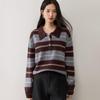 Seven-Gauge Thickened Cashmere V-Neck Color-Block Stripe Polo Collar Pullover