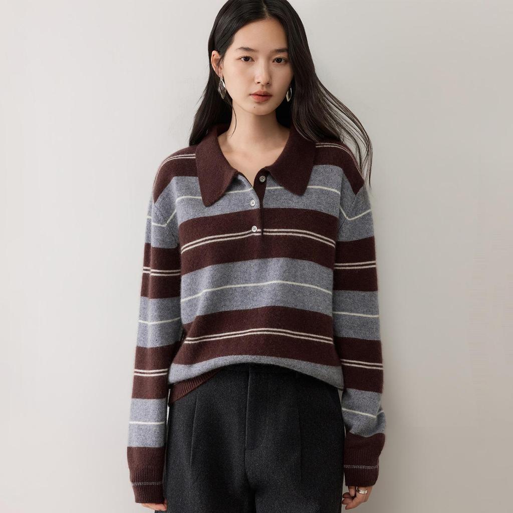 Seven-Gauge Thickened Cashmere V-Neck Color-Block Stripe Polo Collar Pullover