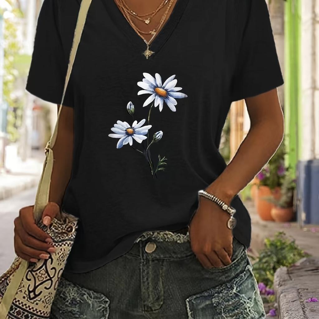 Women's Printed V-neck T-shirt, Summer Casual Urban Fashion Large-sized Women's Wear with Short Sleeves