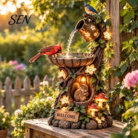 Illuminated Garden Statue Decoration Tree House Fountain Bird Feeder, Lighted Resin Birdbath, Feeder with Sturdy for Small Birds LED Lights,