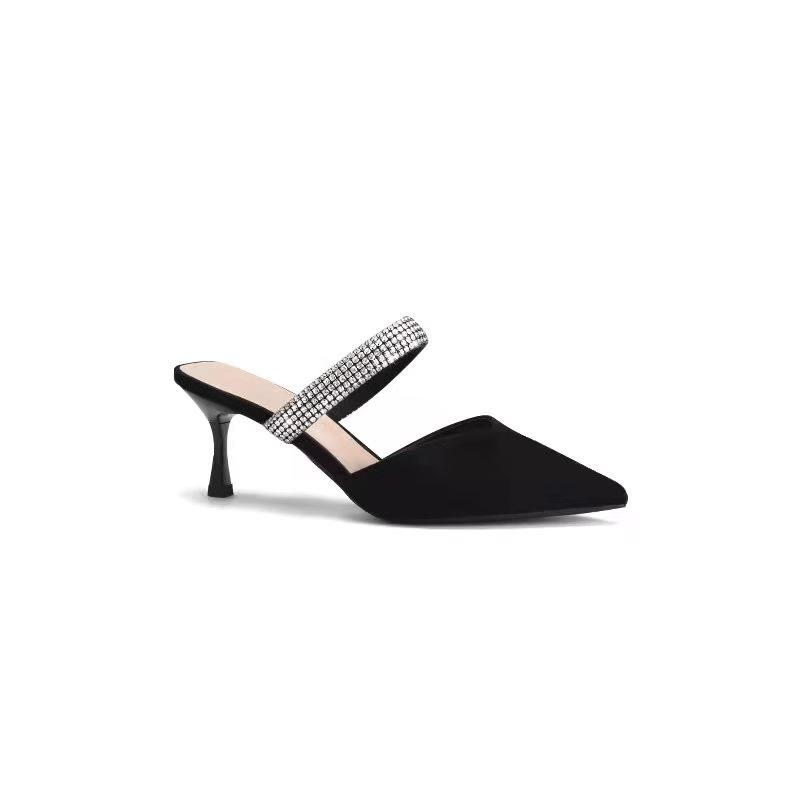 French high-heeled cool slippers women's 2025 spring temperament flash rhinestone thin heel pointed single shoes sexy bag head half drag