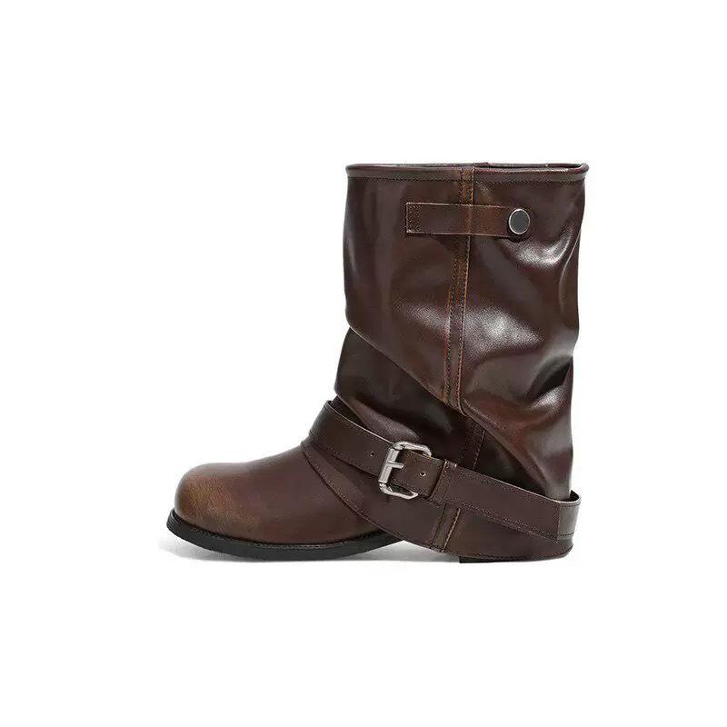 [Beauty Boot Expert] Black And Gray Buckle Strap Stacking Boots Short Pleated Ss Korean Niche Design Trouser Tube Boots