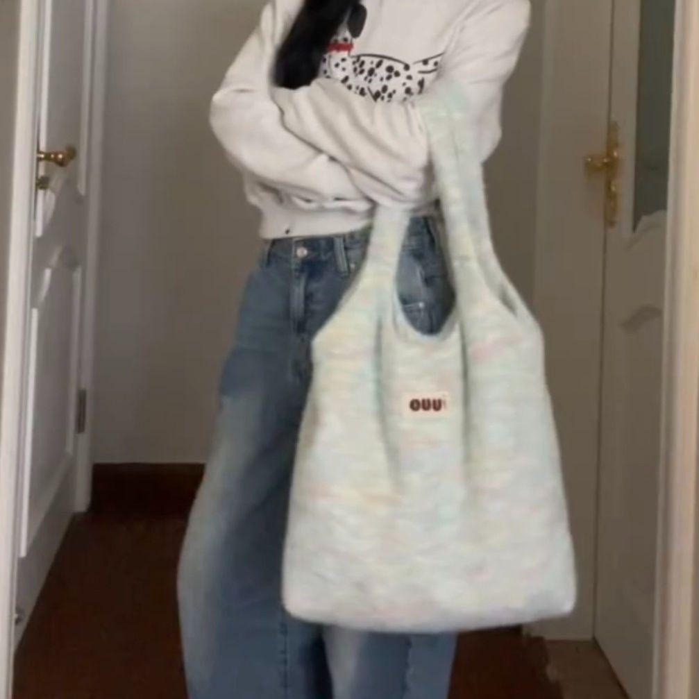 Niche design autumn and winter girly plush knitted shoulder large capacity tote bag lazy wind vest