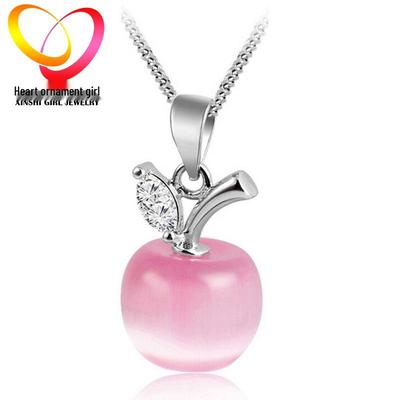 Cat's Eye Apple Pendant Necklace with Inlaid Diamonds, Korean Style, Copper DZ011
